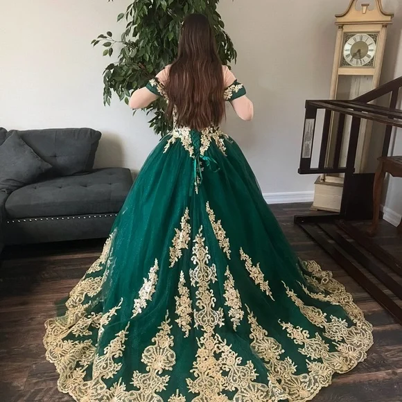 Elegant Green and Gold Women's Dress - Picture 3 of 6